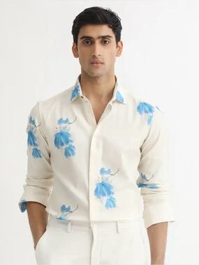 Rare Rabbit The Cazar-25 Off White Floral Print Button Down Mens Shirt Size M